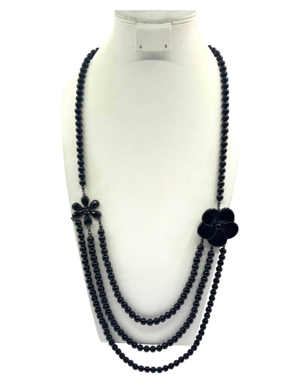 Black Flowers Layered 3 Strand Statement Necklace